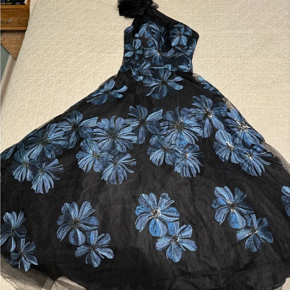 Jovani One Shoulder Black Blue Embroidered Gown - Picture 6 of 9